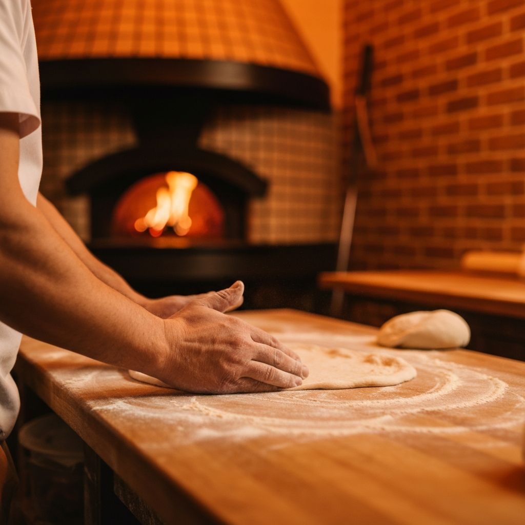Pizzaiolo da Pizzaria Prime preparando massa artesanal no forno a lenha